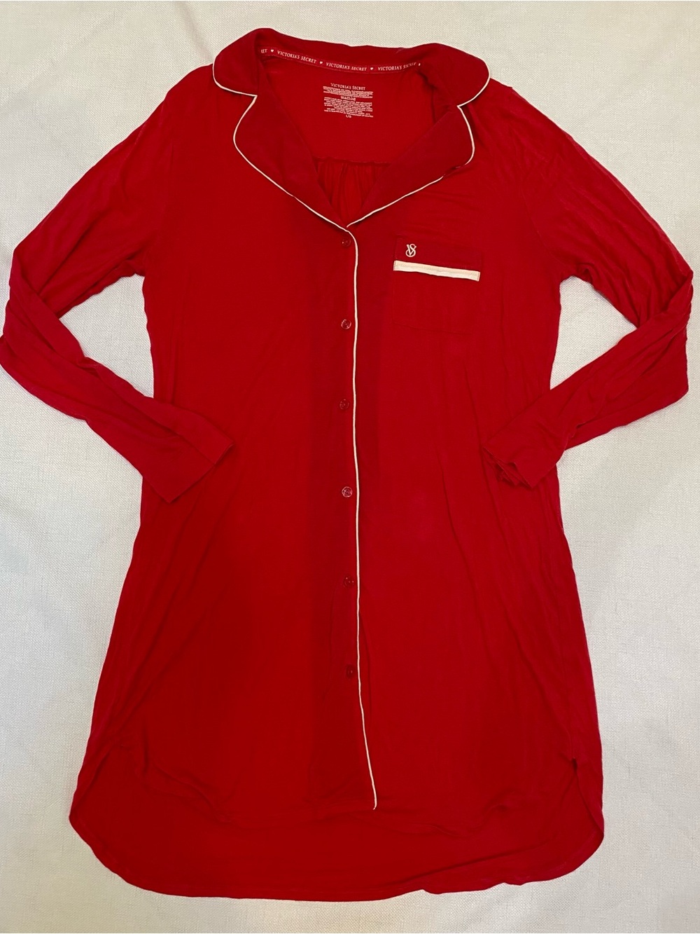 Victoria’s Secret Long Sleeve Sleep Shirt Red L White Trim Holidays Comfy